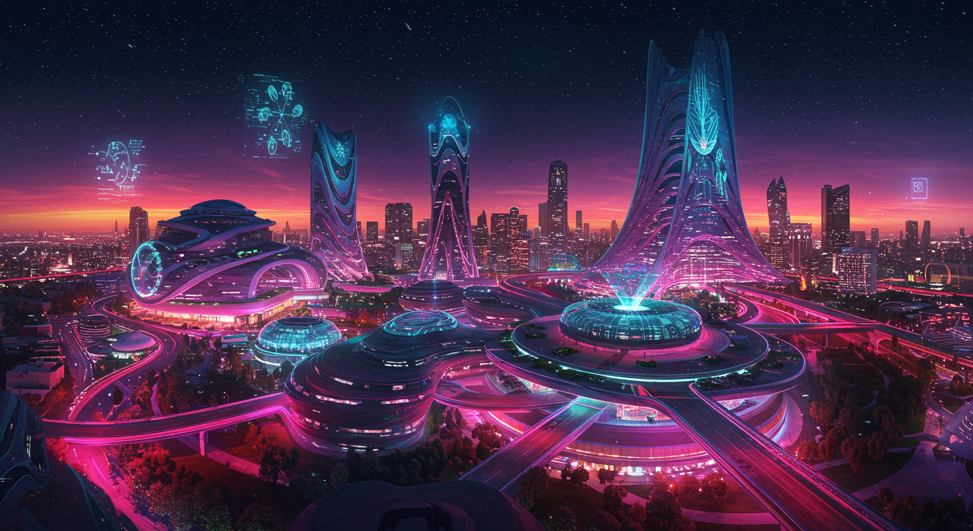 Yapay zeka ile üretilmiş fütüristik bir şehir manzarası ve bina tasarımları.