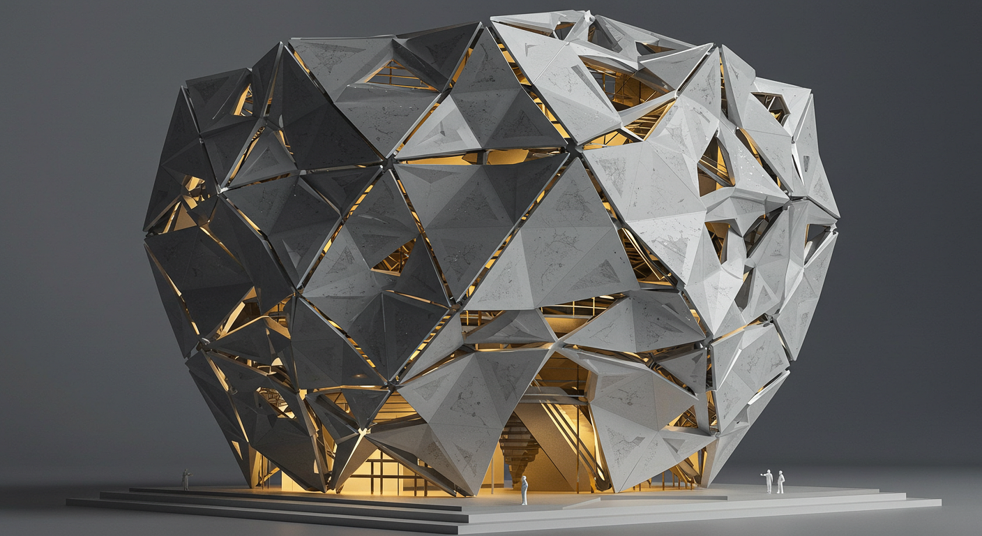 Karmaşık geometrilere sahip bir yapının 3D modeli, mimaride yapay zeka kullanımını gösteriyor.