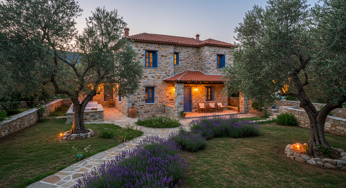 Ege'de zeytin ağaçları ve lavantalarla bezenmiş bir taş ev bahçesi.