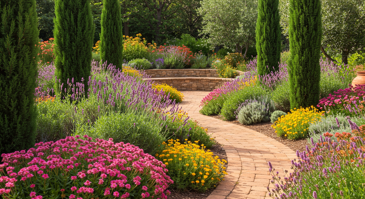 Farklı yükseklik ve dokulardaki bitkilerin bir arada kullanıldığı Akdeniz tarzı bir bahçe tasarımı.