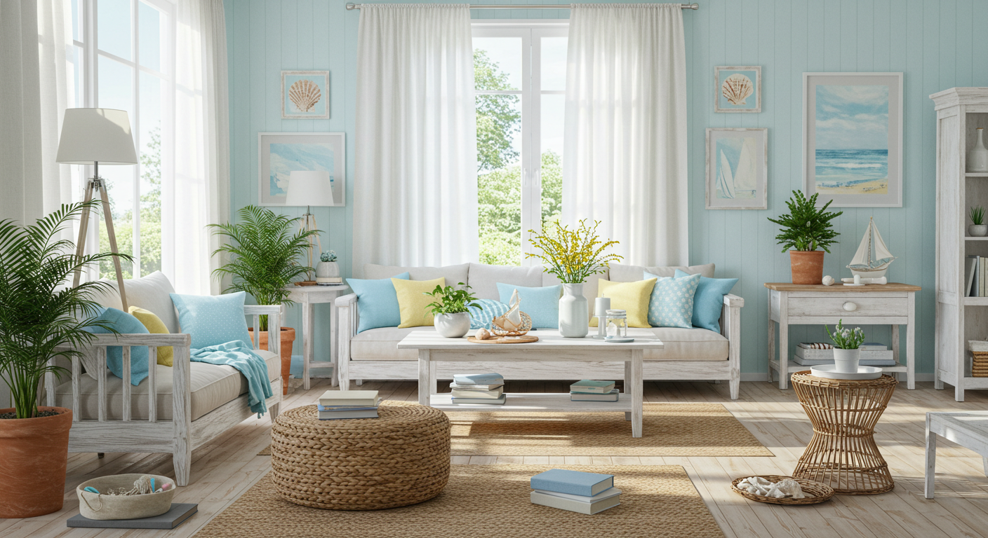 Aydınlık ve ferah bir yaşam alanında uygulanan yazlık ev dekorasyonu örneği.