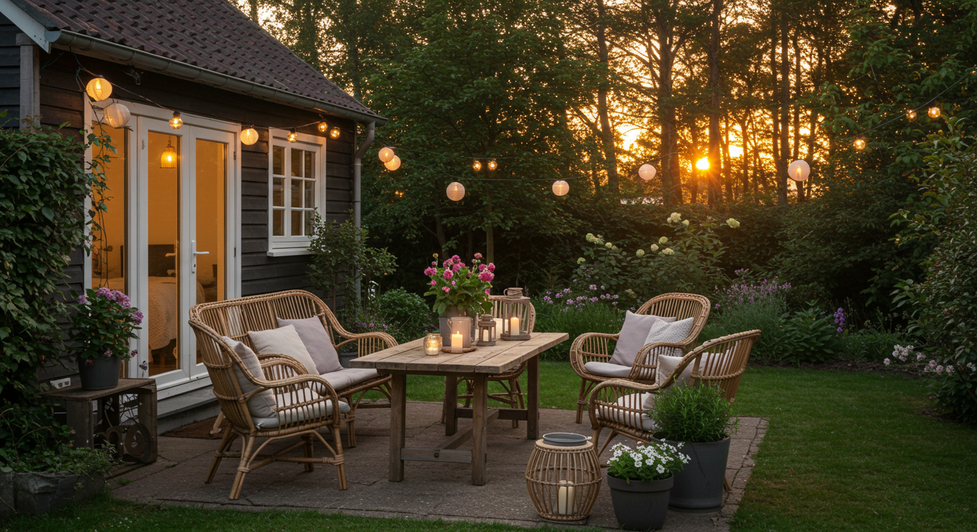 Rattan sandalye ve ahşap masa gibi doğal malzemelerle dekore edilmiş bir yemek alanı.