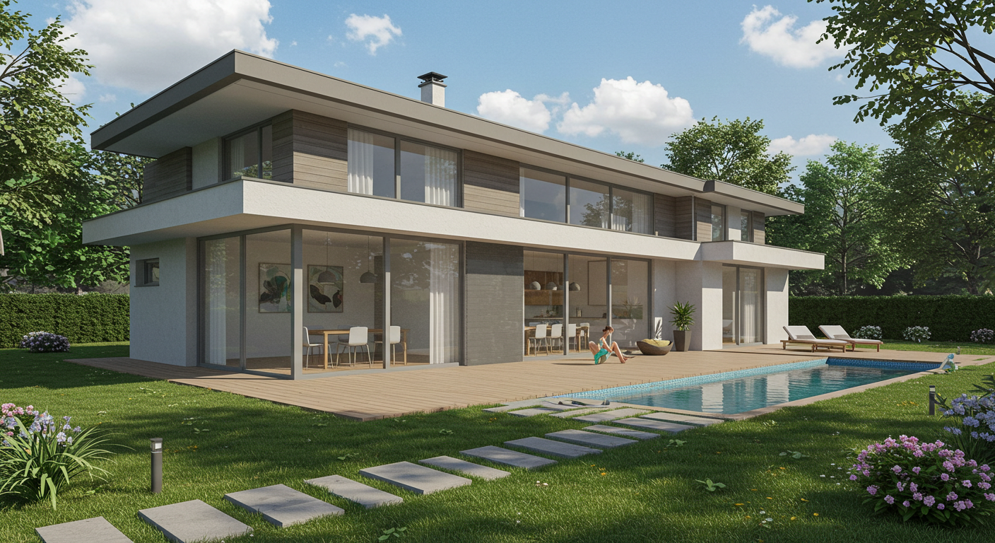 İç ve dış mekân arasında akıcı bir geçiş sağlayan modern bir yazlık tasarımı.