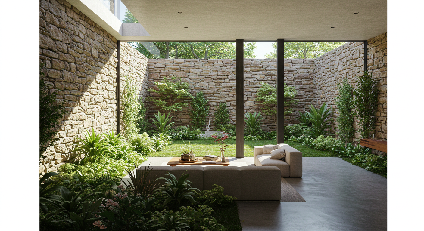 Doğal taş duvar ve bol bitki içeren, dış mekanla bütünleşmiş bir yaşam alanı.