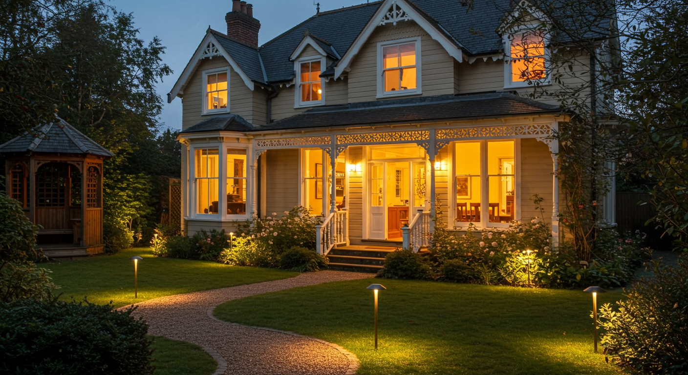 Akşam saatlerinde bahçe ışıklarıyla aydınlatılmış, içeriye sıcak bir görünüm katan bir ev.