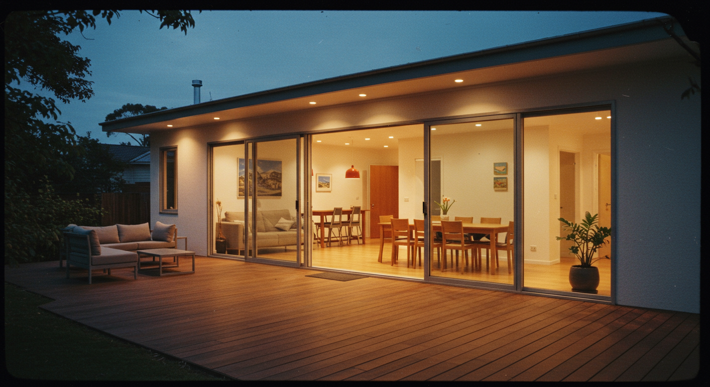 İç mekanla bütünleşmiş, sürgülü cam kapılarla ayrılmış modern bir veranda.