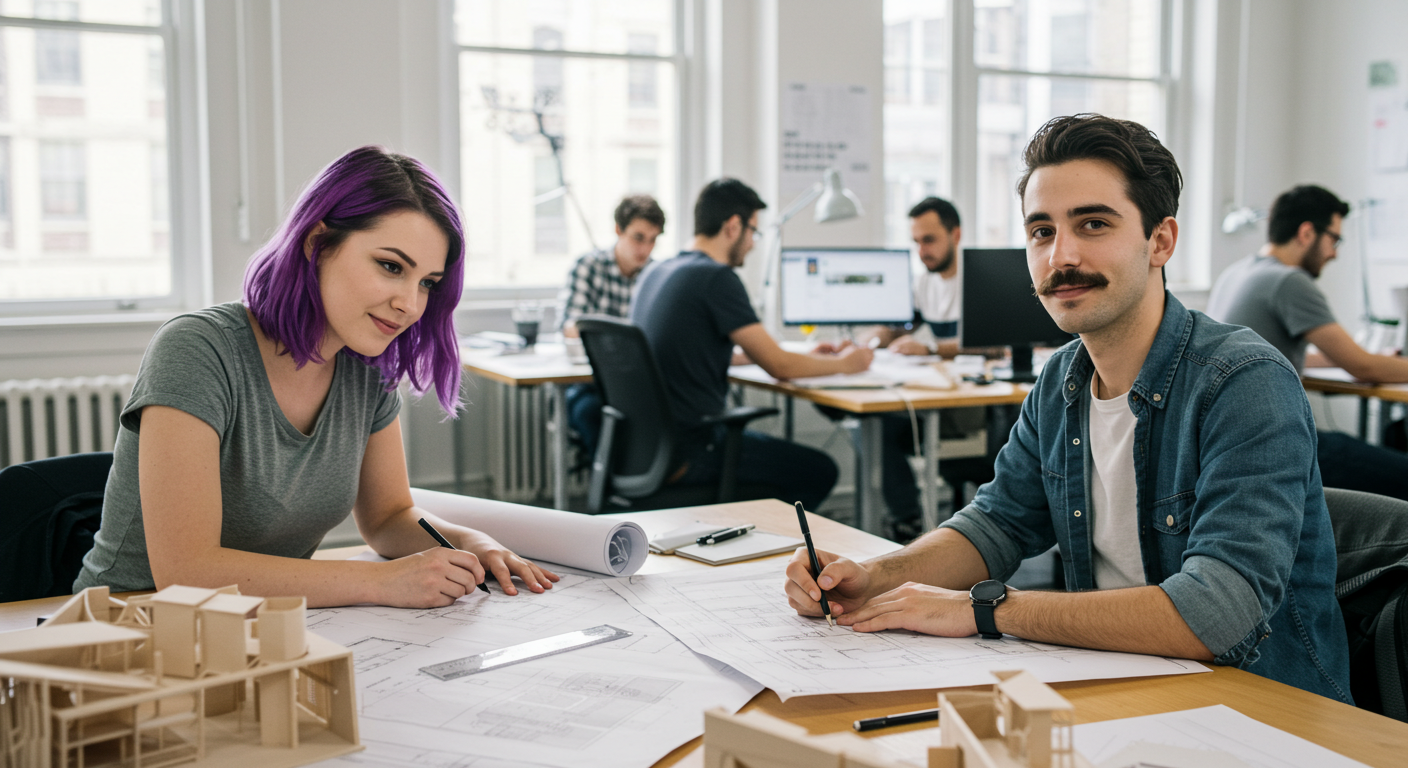Mimarlık ofisinde projeler üzerine çalışan ve stajyer hakları konusunda bilgi sahibi gençler