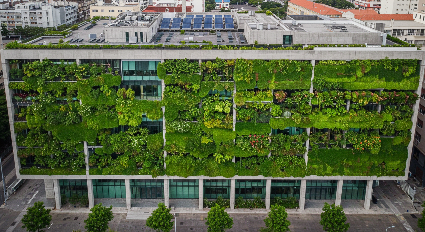 Yeşil bitkilerle kaplanmış, sürdürülebilir bir bina cephesi.