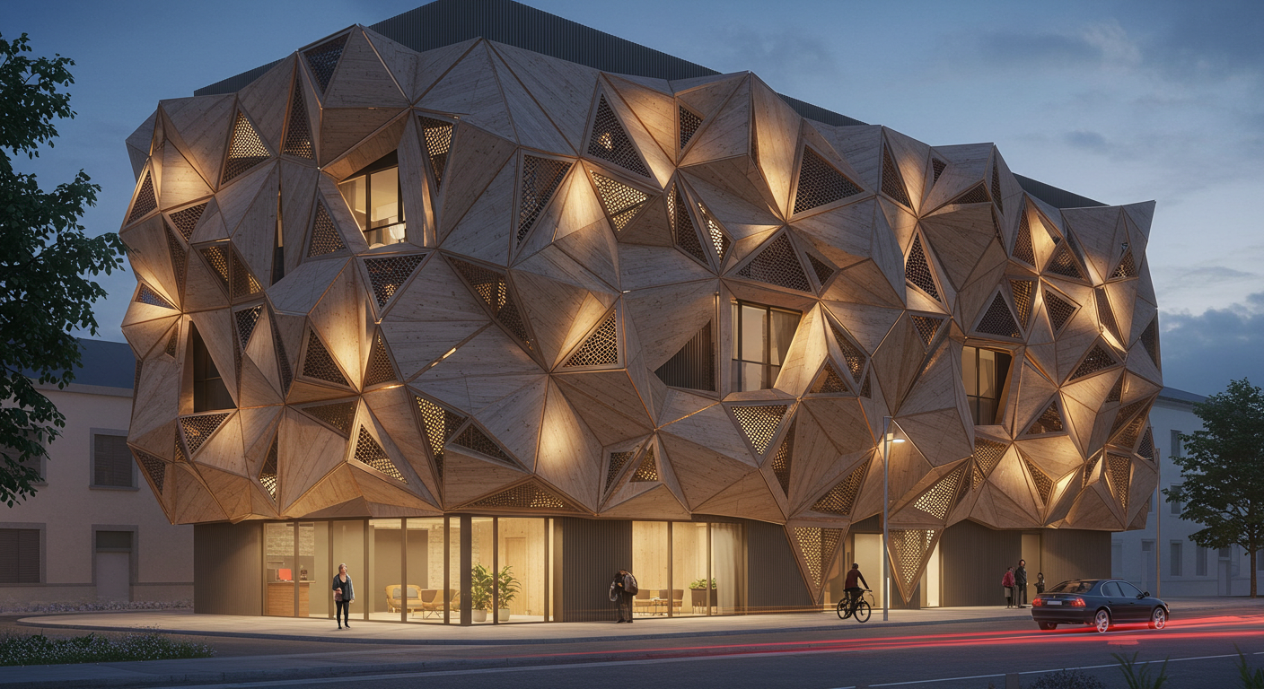 Ahşap panellerle oluşturulmuş modern ve yenilikçi bir cephe tasarımı uygulaması.