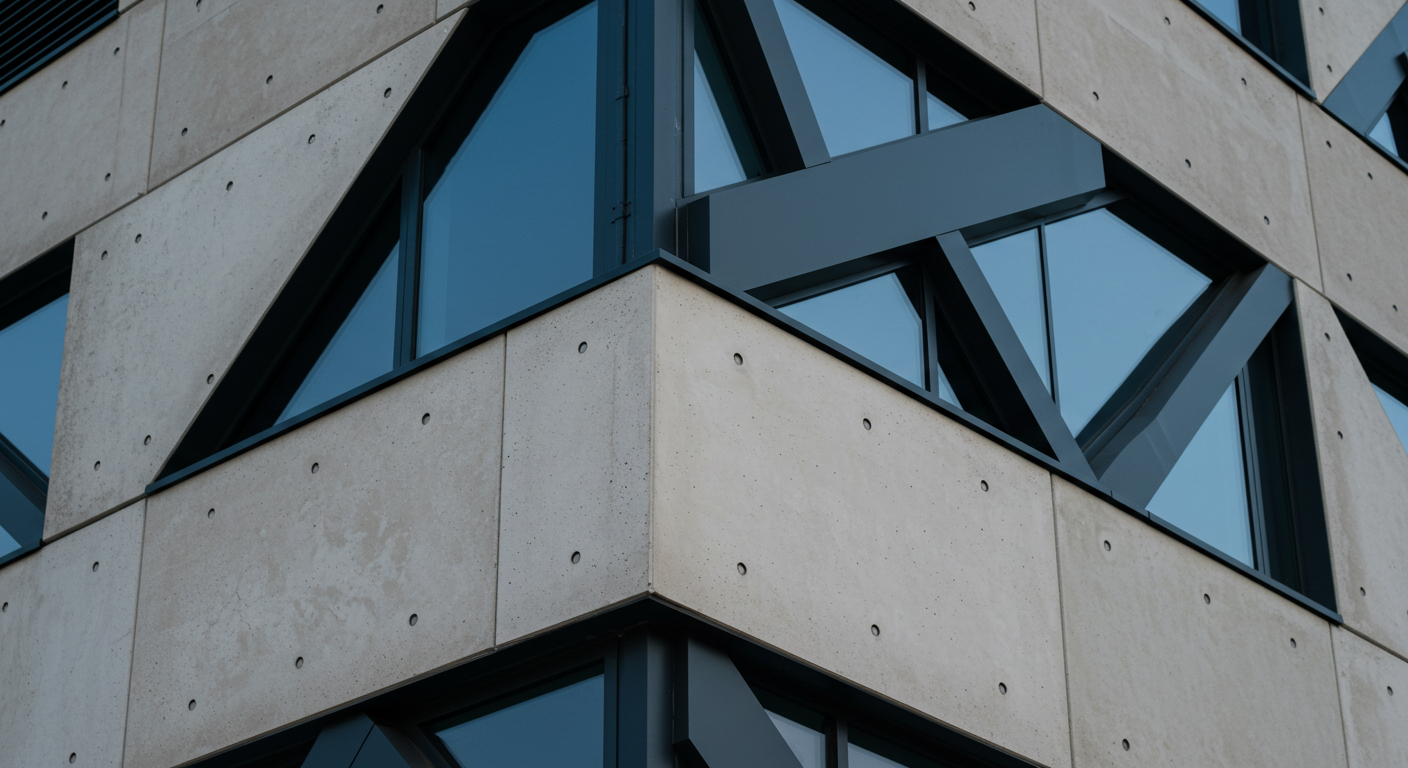 Geometrik desenlere sahip modern bir binanın cephesinden detay.