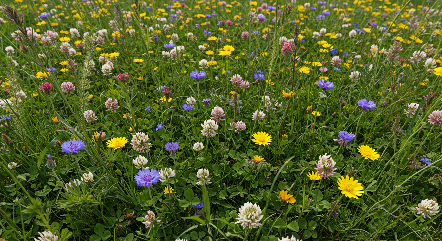 Yabani çiçeklerin ve yoncaların bir arada olduğu ekolojik çim alan alternatifleri.