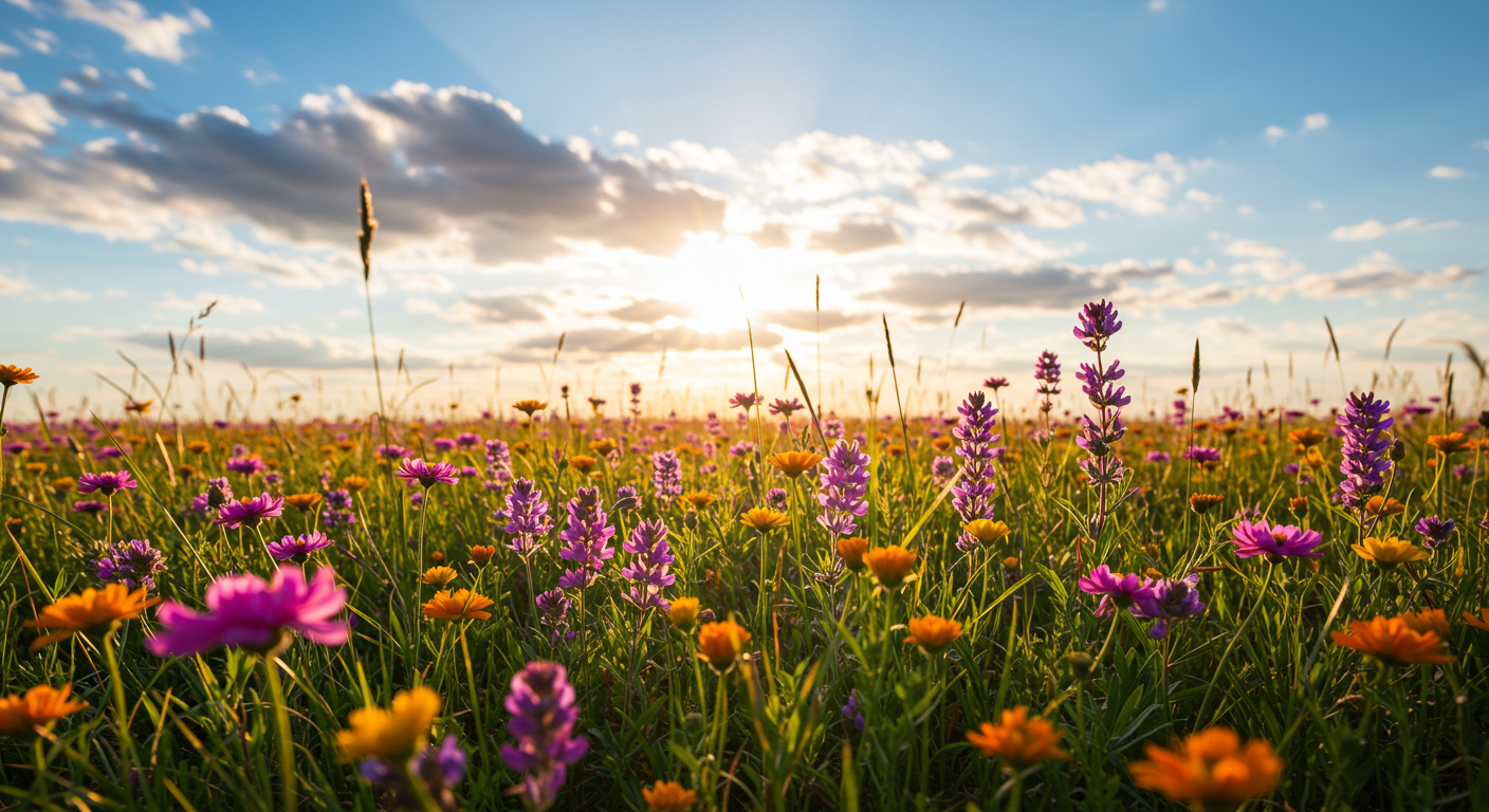 Güneşli bir günde açmış rengarenk kır çiçekleri.