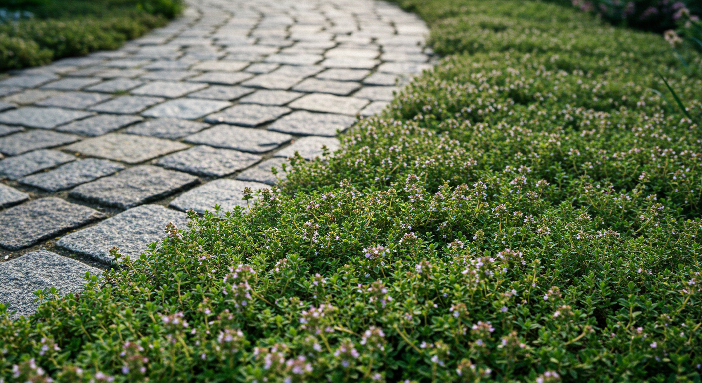 Taş bir yolun kenarında büyüyen kekik yer örtücüleri.