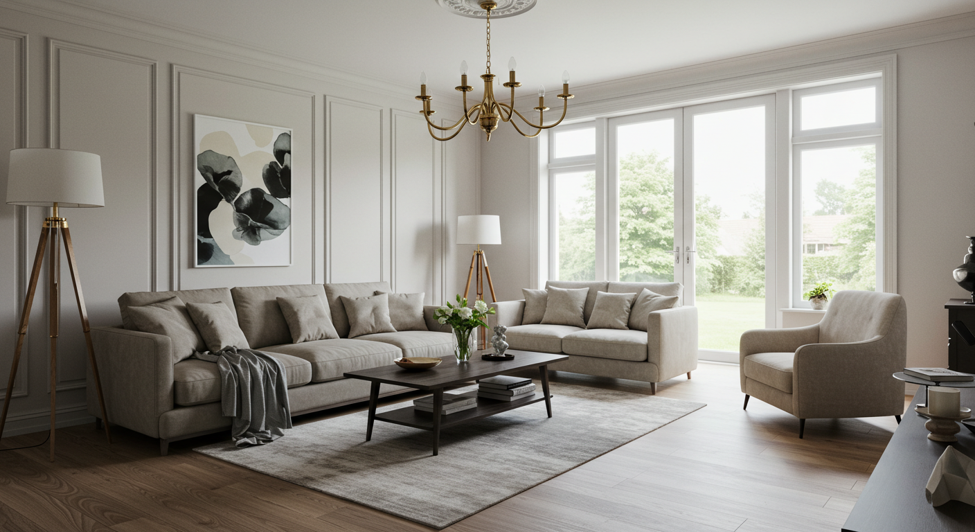 Ferah ve iyi planlanmış bir oturma odası, doğru mobilya yerleşiminin önemini gösteriyor.