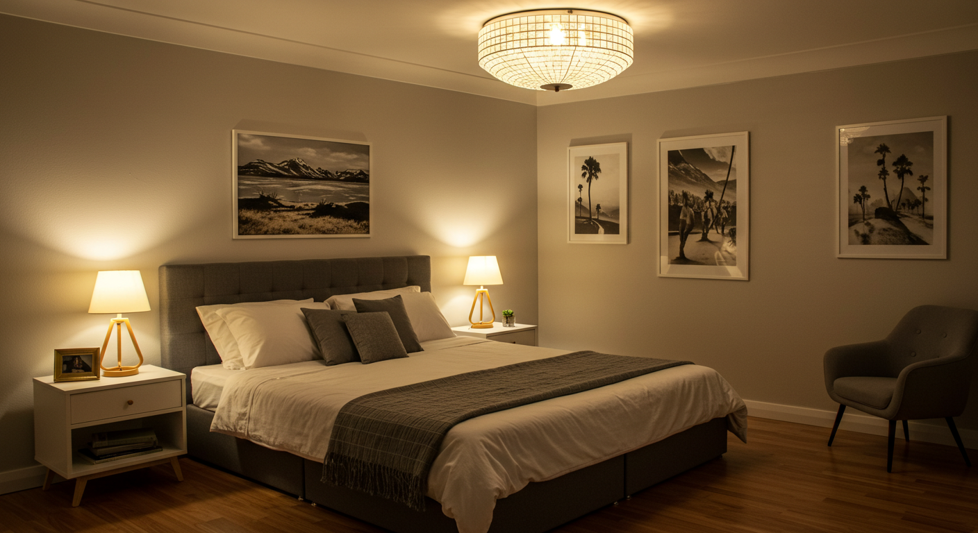 Katmanlı aydınlatma ile aydınlatılmış bir yatak odasında yapılan dekorasyon hataları daha az göze batar.