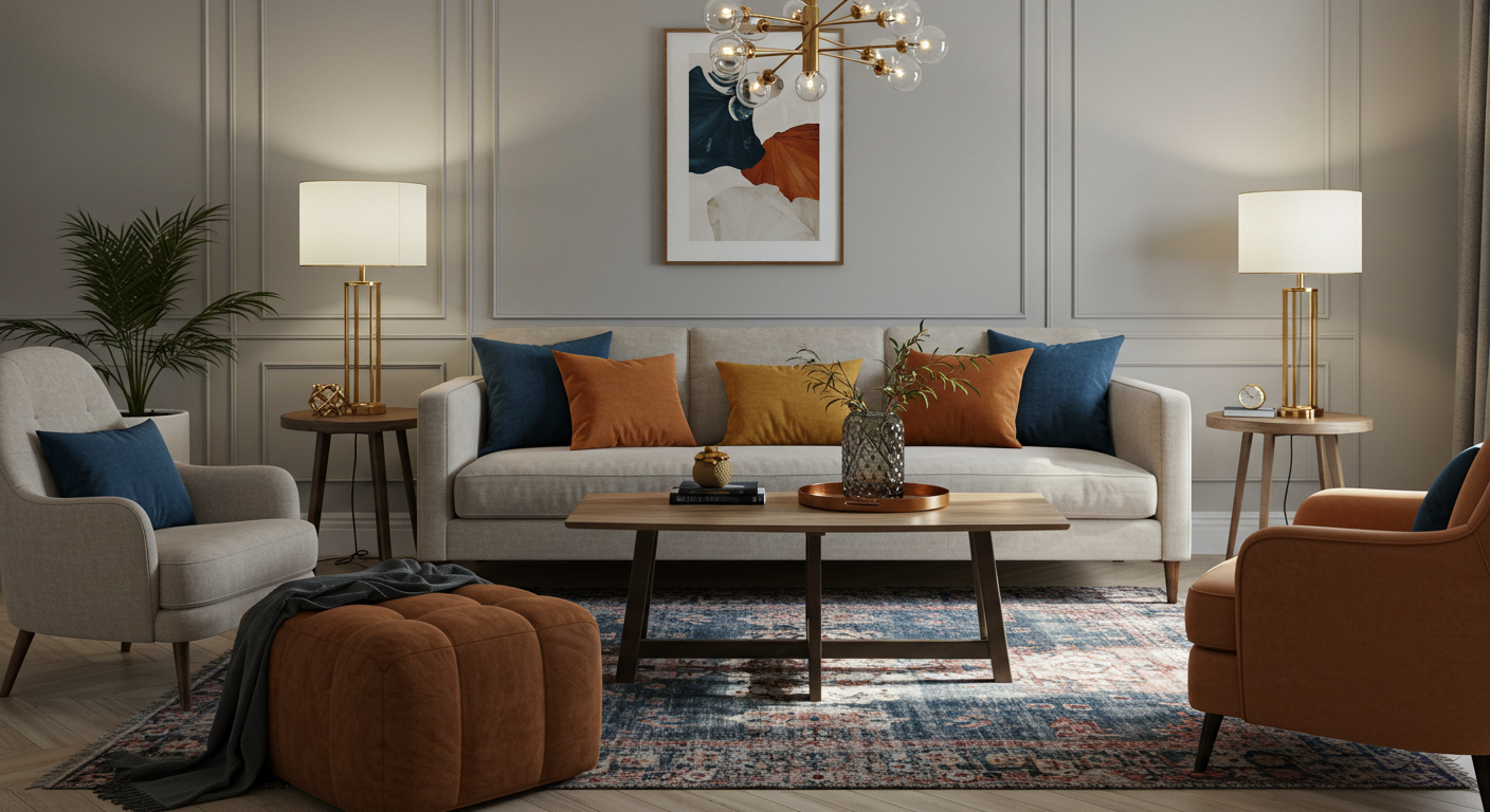 Birbiriyle uyumlu renkler ve dokular kullanılarak yaygın dekorasyon hataları önlenmiş bir salon.