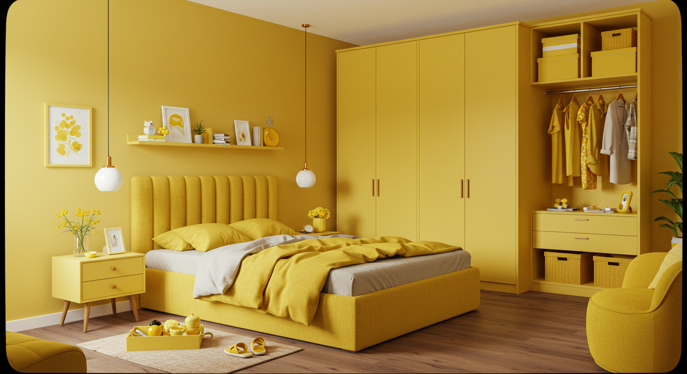 Canlı sarı rengin kullanıldığı fonksiyonel yatak odası tasarımı.