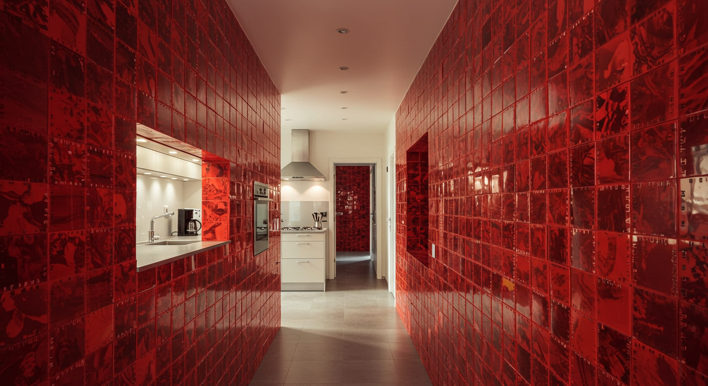 Mutfak ve koridor alanında kullanılan kırmızı renk detayı.