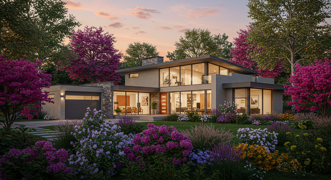 Geniş cam cephelere sahip, doğayla iç içe bir tek katlı modern ev projeleri örneği.