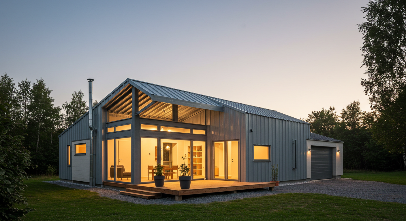 Çelik iskelet ve sandviç panellerle inşa edilen modern bir bungalov.