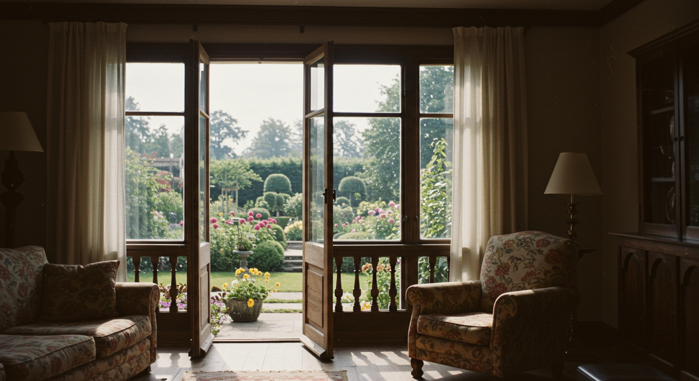 Ahşap veranda ile bahçeye açılan bir oturma odası.