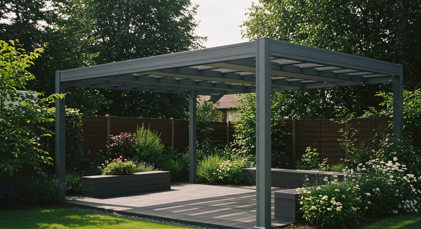 Modern bir bahçede kullanılan kompozit malzemeden yapılmış gri pergola.