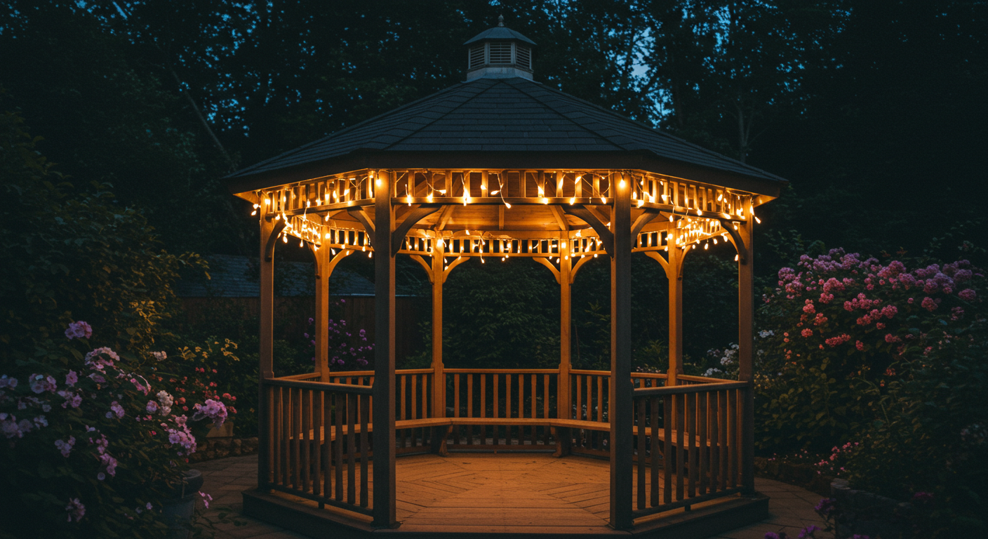 Aydınlatmalı şık bir kameriye tasarımı.