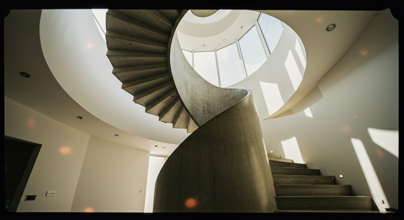 Heykelsi bir döner merdiven ile sağlanmış etkileyici düşey iç mekan sirkülasyonu örneği.