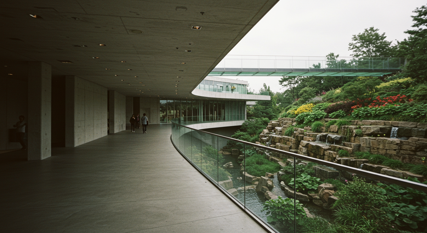 Geniş bir galeri boşluğu ve cam köprü ile sağlanmış modern bir dolaşım alanı.