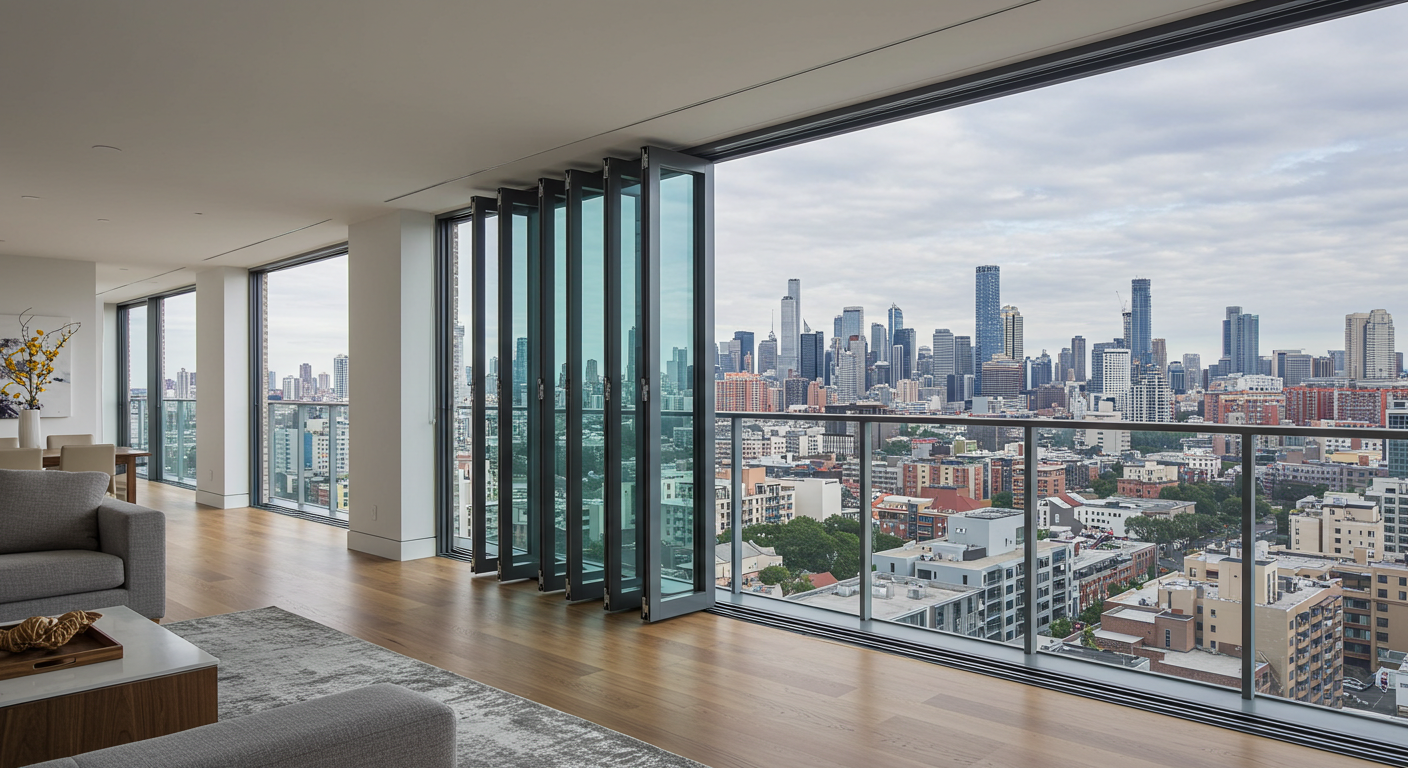 Bir apartman dairesinde kurulu modern katlanır cam balkon sistemleri ve şehir manzarası.