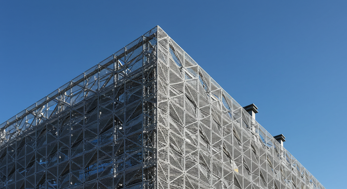 Endüstriyel bir binada kullanılan metal mesh cephe kaplama malzemeleri