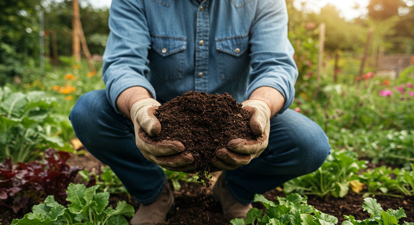 Ellerinde zengin ve koyu renkli kompost tutan bir bahçıvan.