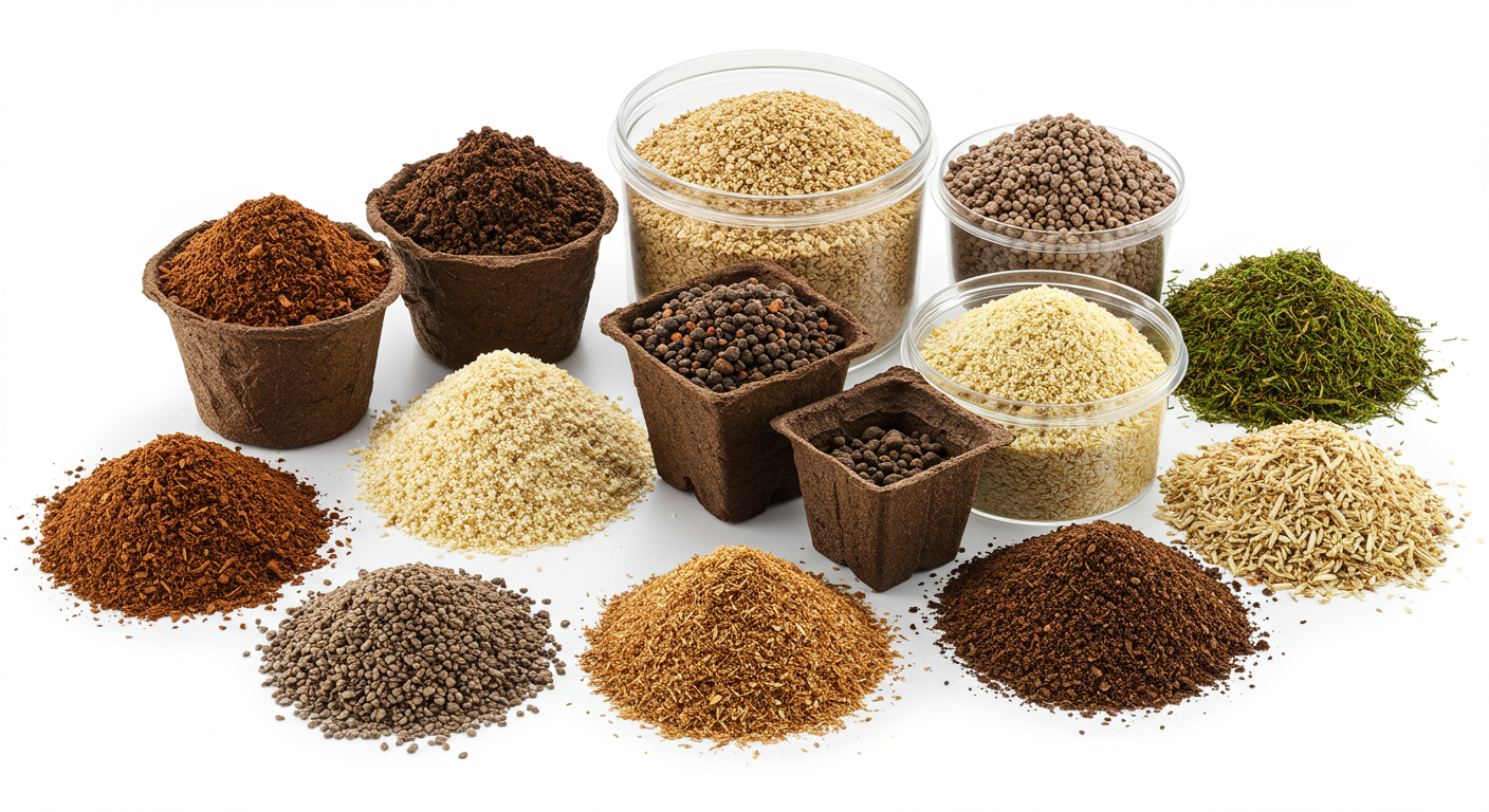 Farklı türlerde organik gübre çeşitlerinin sergilendiği bir görsel.