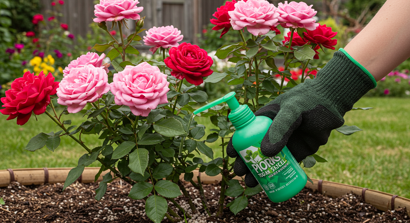 Bahçe eldivenli bir el, bitki köklerine sıvı gübre uyguluyor.