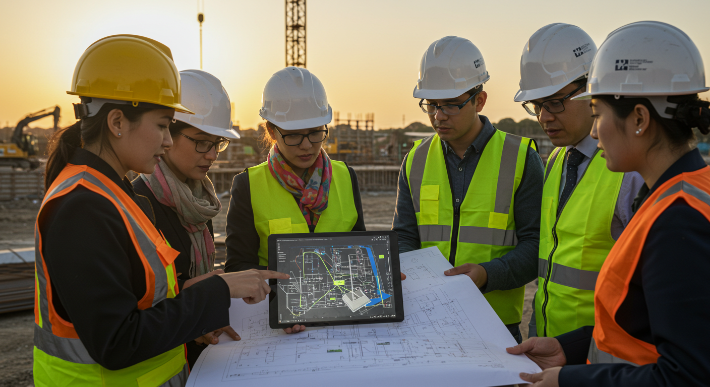 Bir şantiyede tabletle BIM modelini inceleyen mühendisler.