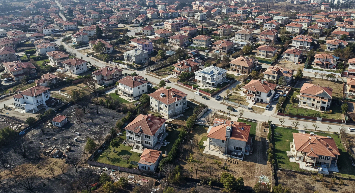 Bir İzmir Orman Yangını sonrası, yangına dayanıklı malzemelerle yeniden inşa edilen evlerin bulunduğu bir alan.