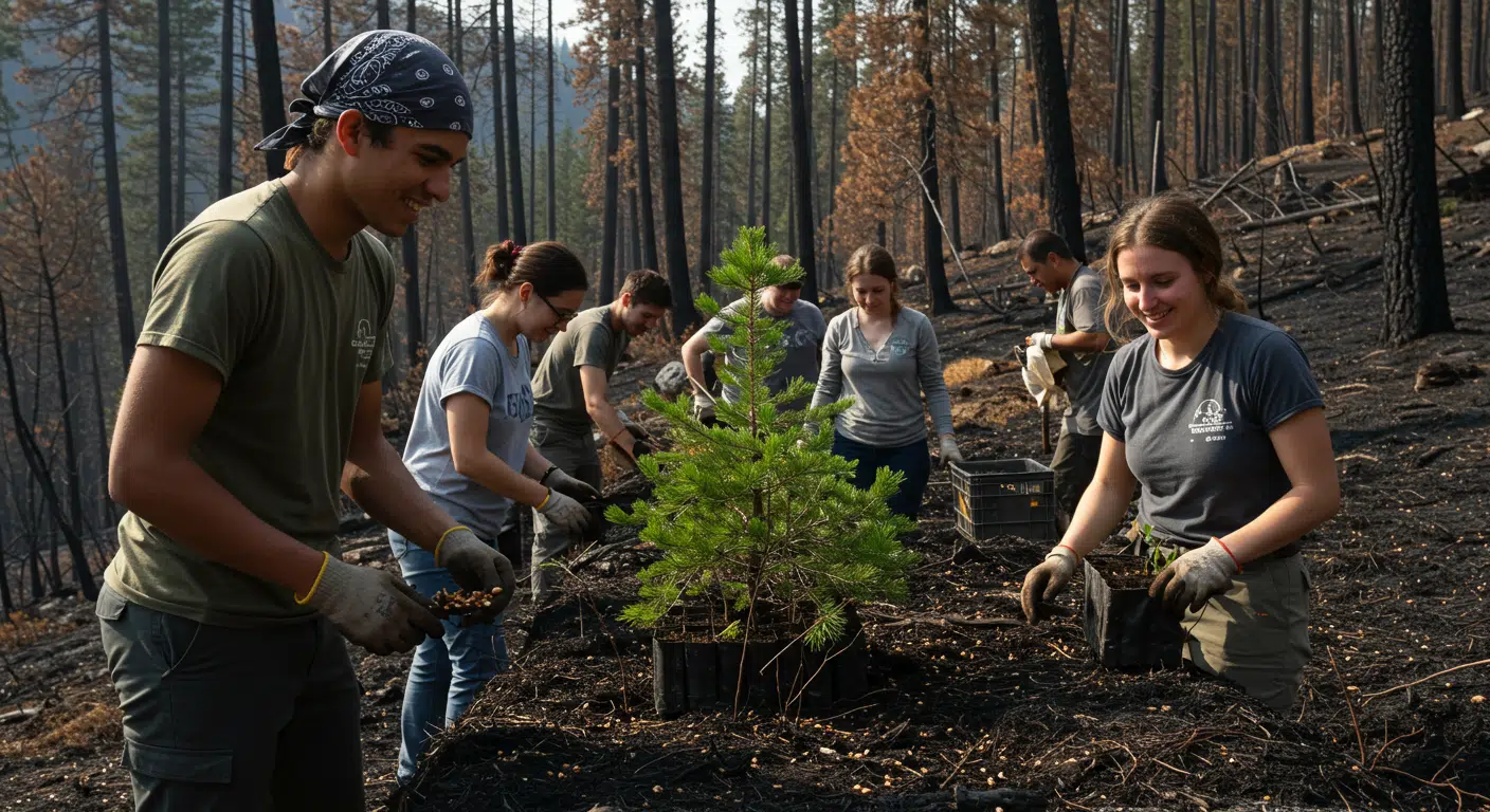 Yangın sonrası yeniden yeşillendirme çalışması yapan gönüllüler.