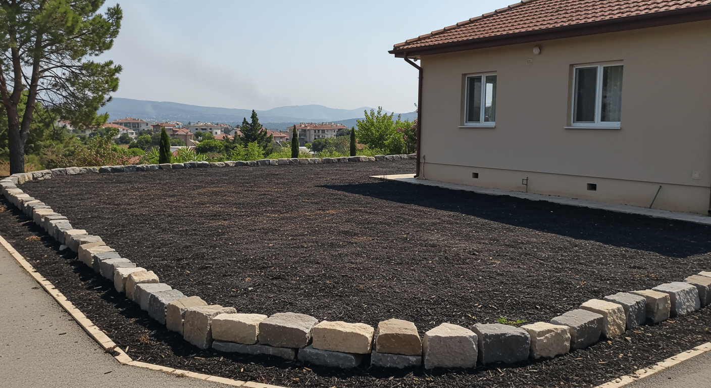 İzmir orman yangını tehdidine karşı bir evin etrafında oluşturulmuş taş malç ve temizlenmiş yapı çevresi.