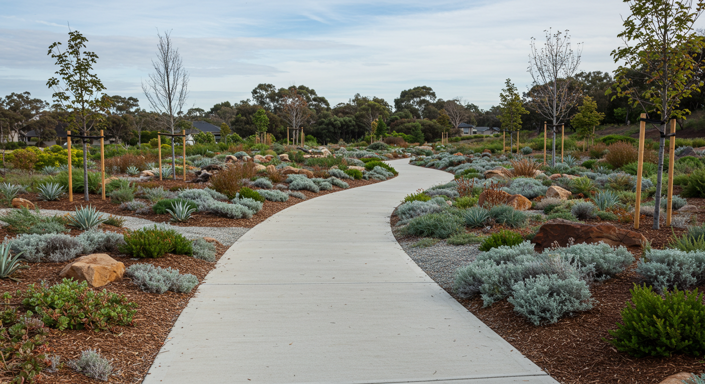 İtfaiye erişimine uygun geniş bir yol ve ateşe dayanıklı bitkilerle düzenlenmiş bir bahçe.
