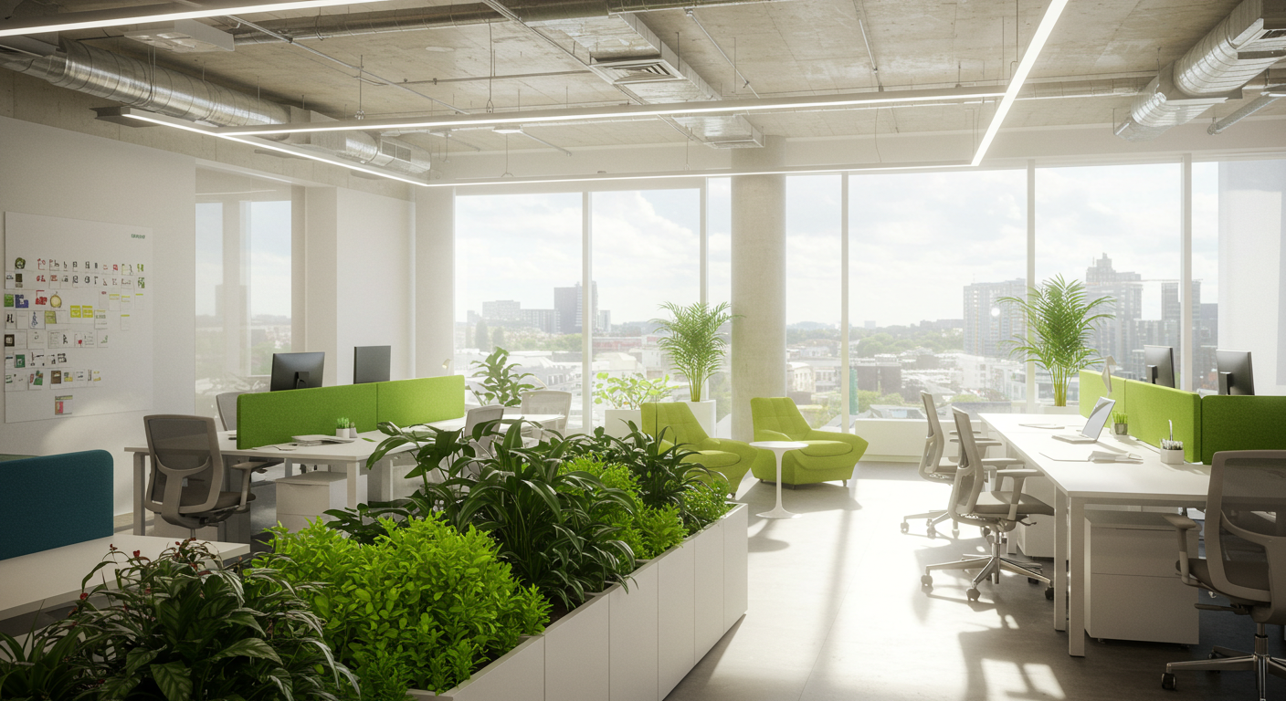 Geniş pencerelerden bol doğal ışık alan, yeşil bitkilerle dolu modern bir ofis ortamı.