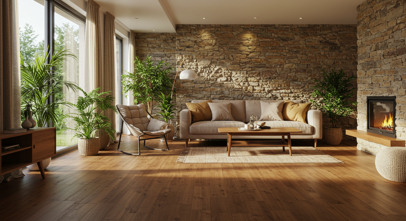 Ahşap zeminler, taş bir duvar ve jüt halı gibi doğal malzemelerin kullanıldığı sıcak bir oturma odası. Odak noktasında Stresi Azaltan Biyofilik Tasarım İlkeleri vurgulanıyor.