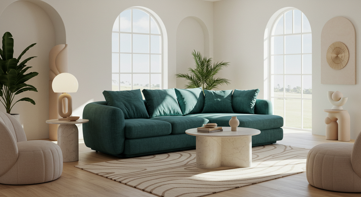 Kavisli hatlara sahip bir kanepe ve dalga desenli bir halı ile dekore edilmiş organik formların hakim olduğu bir salon.