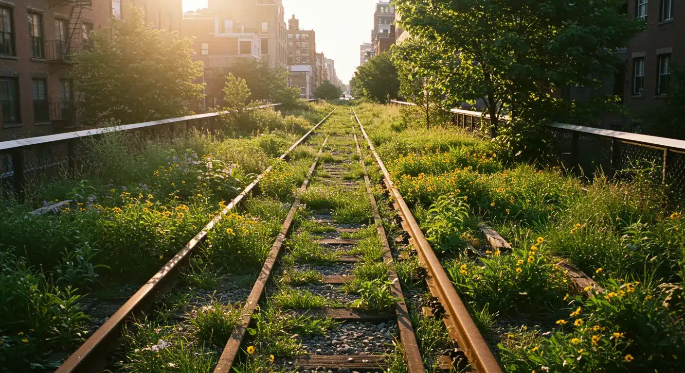 New York High Line Parkı'nın eski tren rayları ve zengin bitki örtüsüyle bütünleşmiş ikonik görüntüsü.