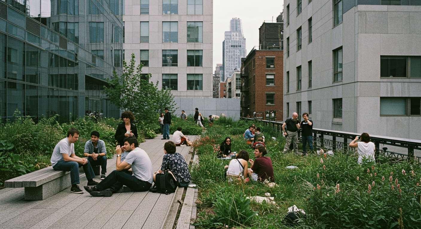High Line üzerinde dinlenen insanlar ve modern kent peyzajı uygulamaları.