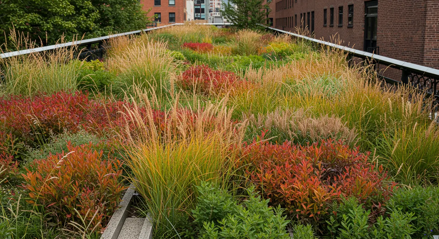 Peyzaj mimarı Piet Oudolf'un High Line için tasarladığı, farklı mevsimlerde renk değiştiren doğal bitkilendirme detayı.