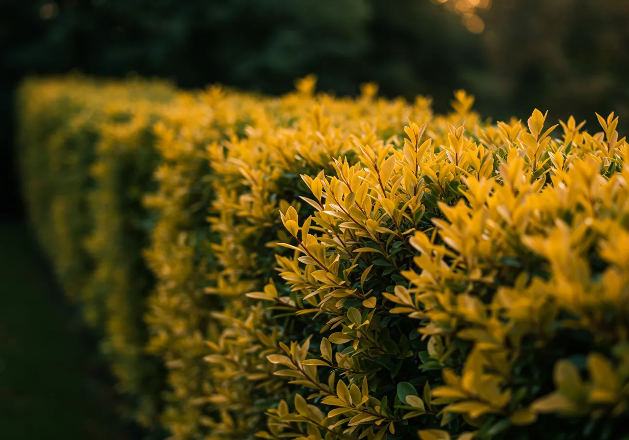 Altın sarısı yaprakları olan Goldcrest çit bitkileri.