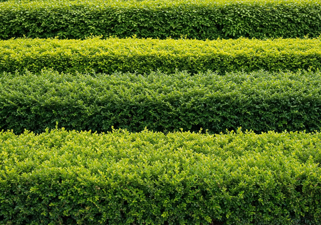 Farklı türlerde çit bitkileri yan yana sergileniyor.