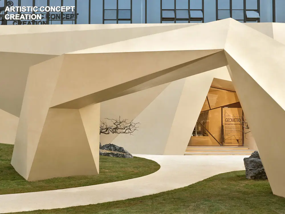 Fang's Glasses Showroom'unun dekonstrüktivist iç mekanından geometrik bir kesit.