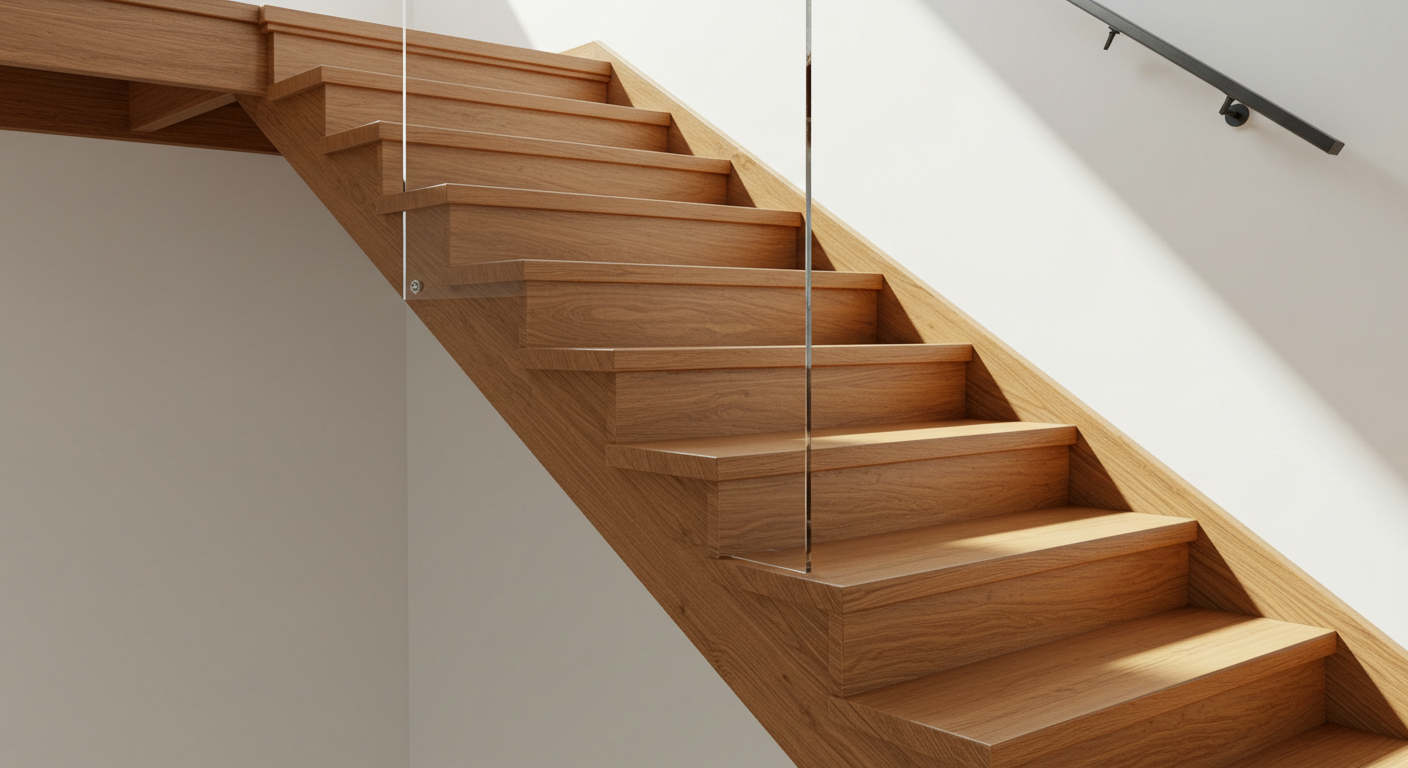 Ahşap bir merdivenin yandan görünümü, doğru merdiven hesabı ile tasarlanmış basamaklar.