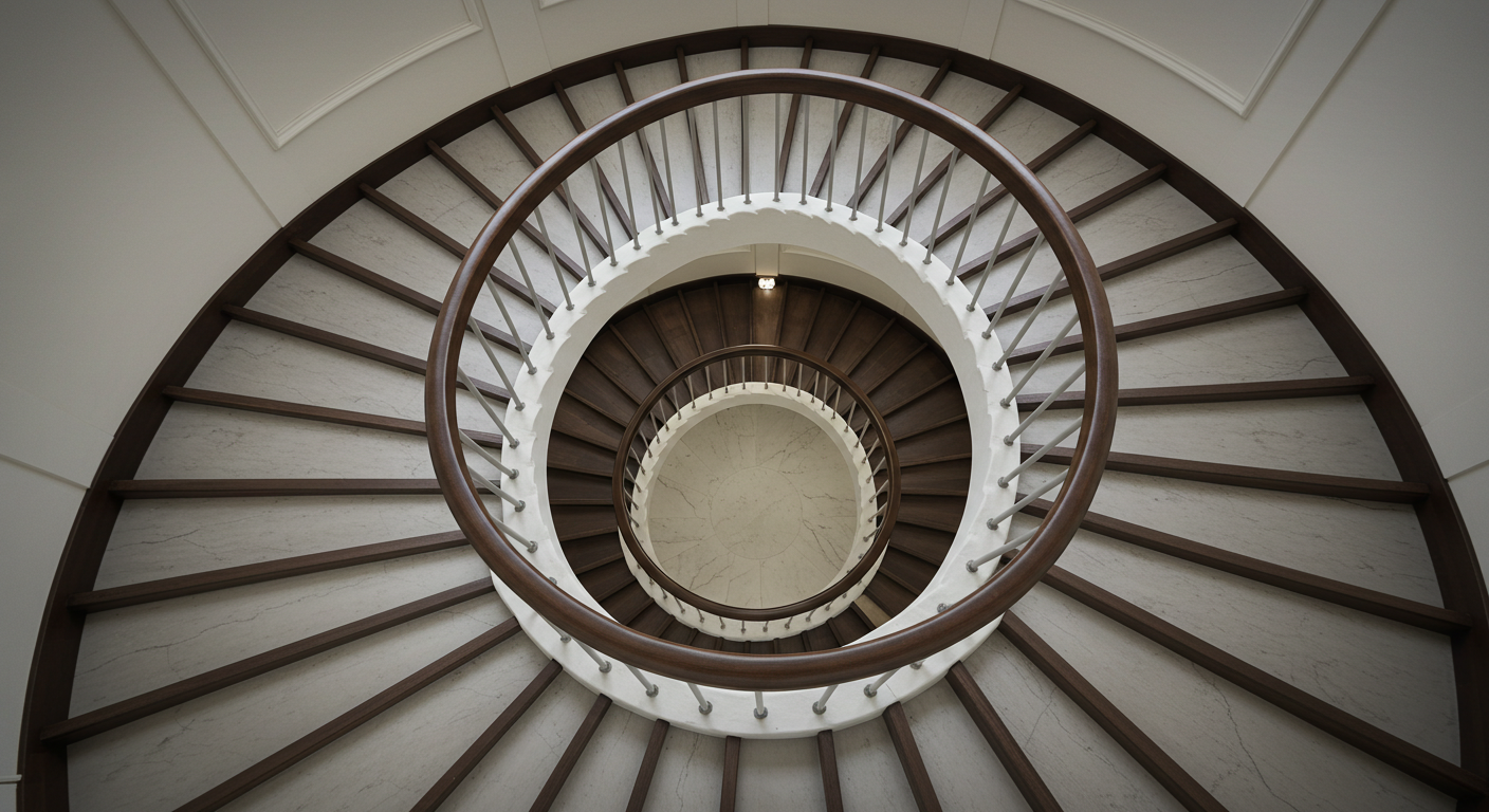 Döner bir merdivenin üstten görünüşü, karmaşık merdiven hesabı gerektiren bir tasarım.